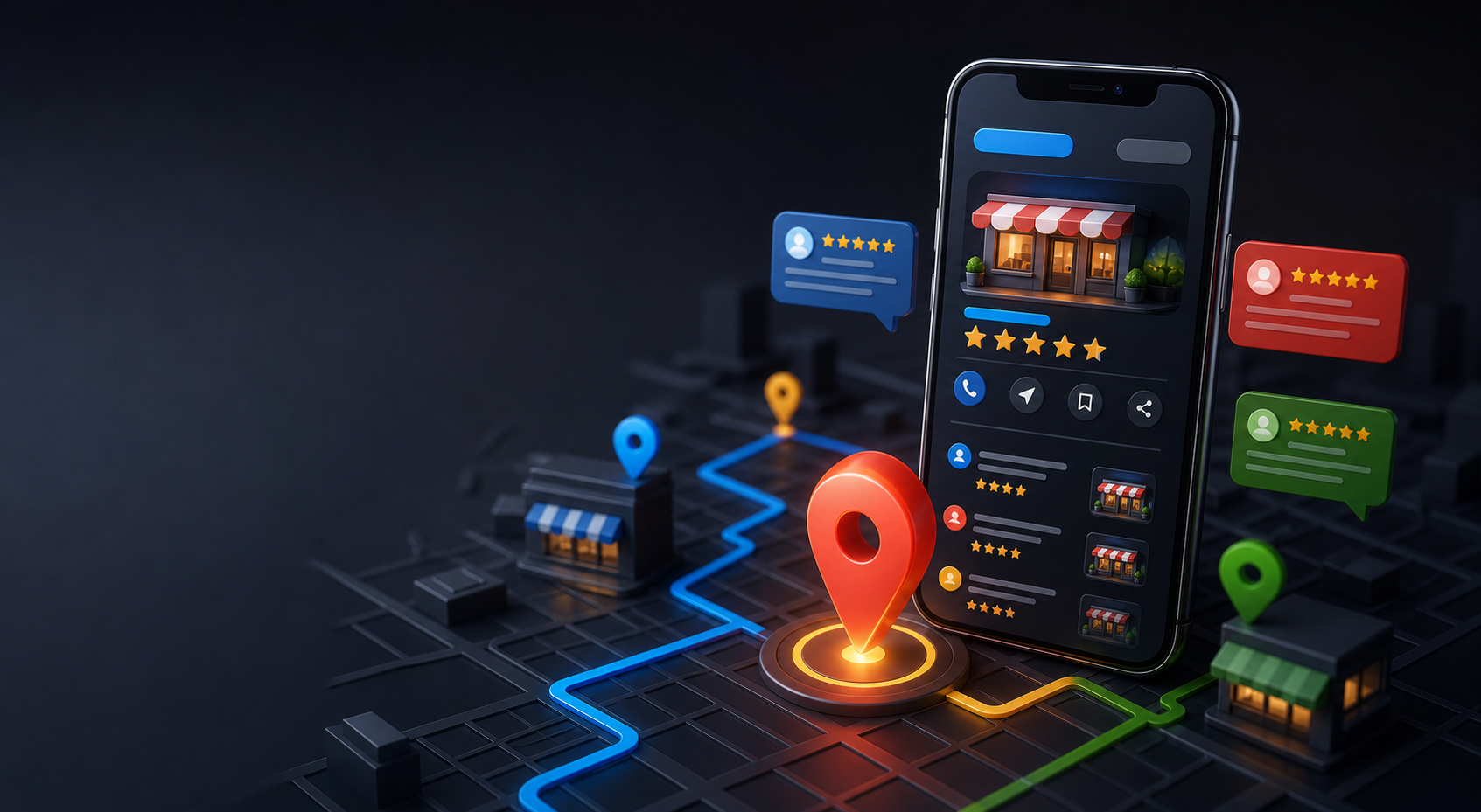 AI-generated local business profile, map visibility and customer review visual