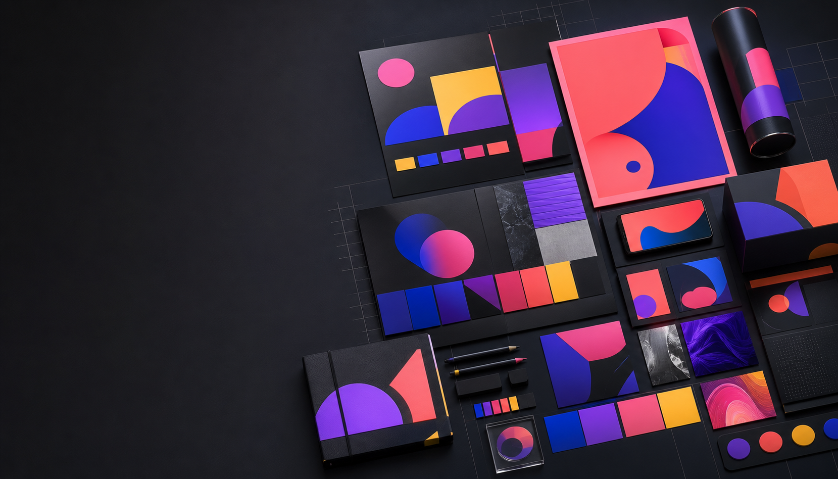 AI-generated premium graphic design system with brand boards, posters and creative assets