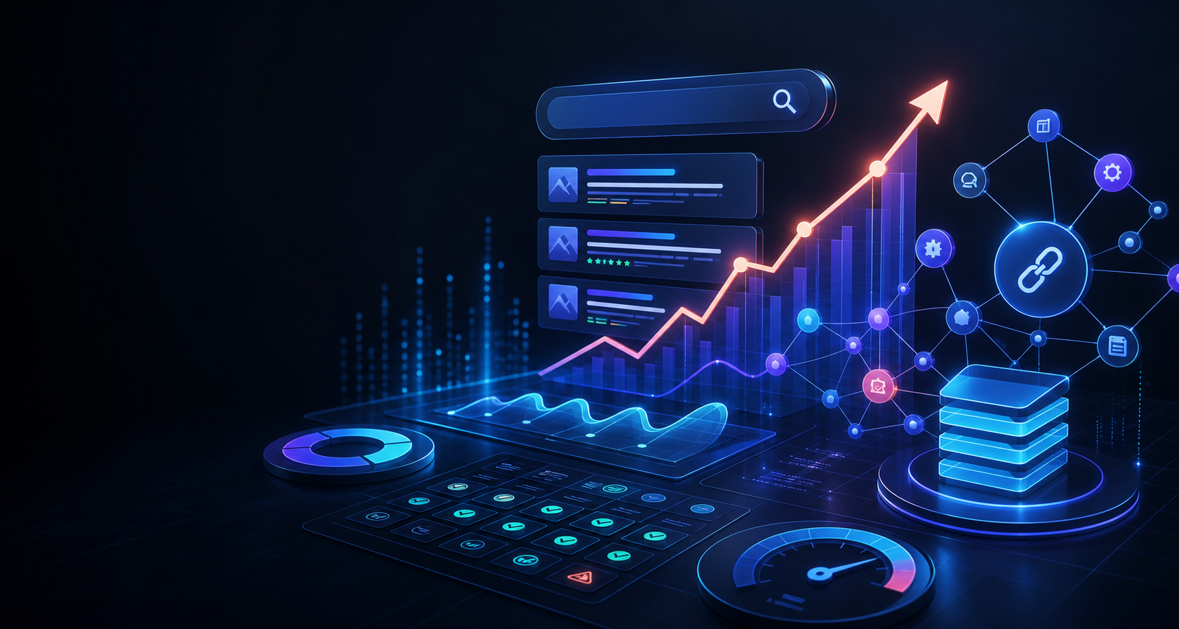AI-generated SEO analytics, search rankings and organic growth visualization