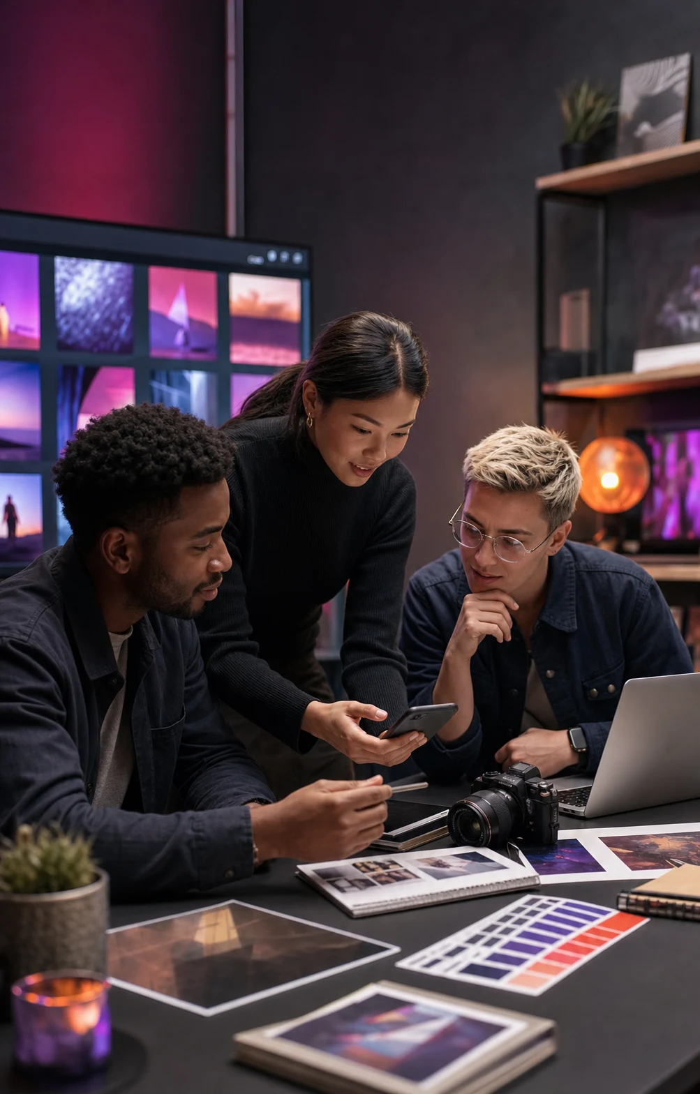 AI-generated social media strategy team collaborating in a creative studio