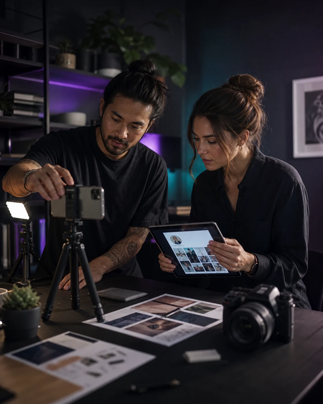 AI-generated organic content optimization team in a creative studio